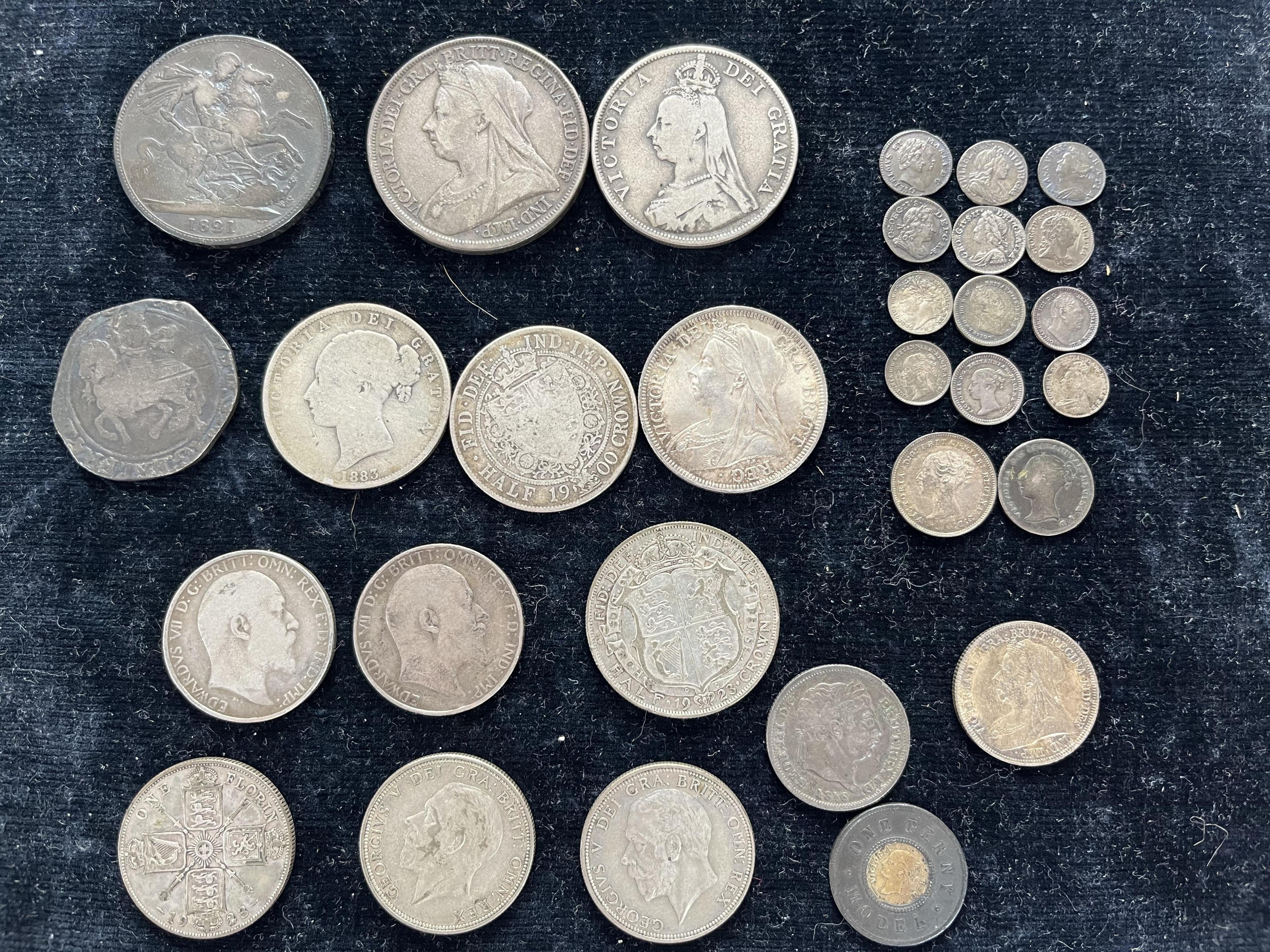 British silver coins, Charles I to George V, including Charles I halfcrown (clipped), George IV crown 1821, Victoria- crown 1893, double florin 1889, halfcrowns, 1883, 1899 (about EF), 1900, shilling 1897, VF, two Edward